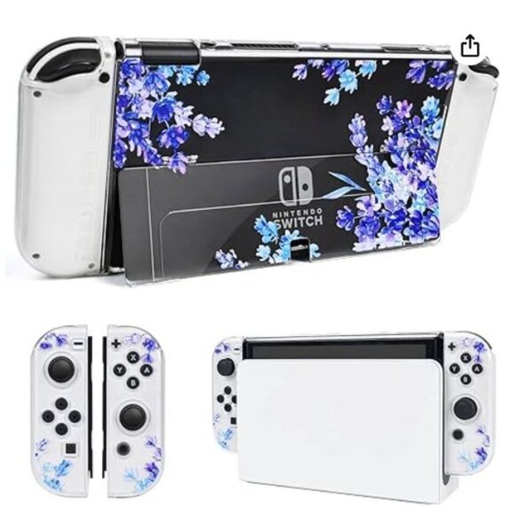 Nintendo Switch Console Protective Case With Blue & Purple Floral Design - Picture 1 of 4